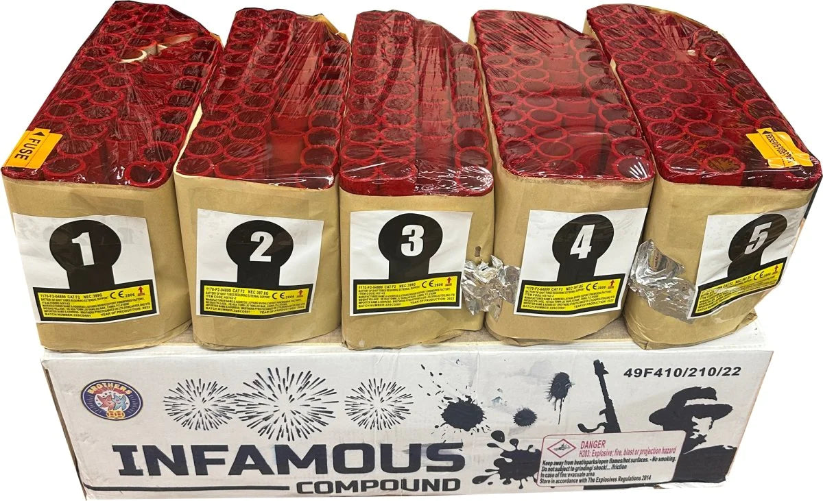 Infamous 210 Shot Compound Barrage Firework